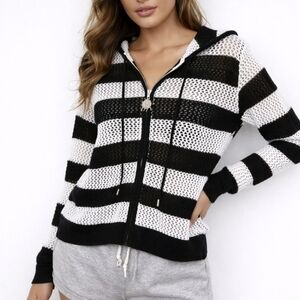 Quacker Factory Hoodie Black & White Stripe Mesh Nautical Size L